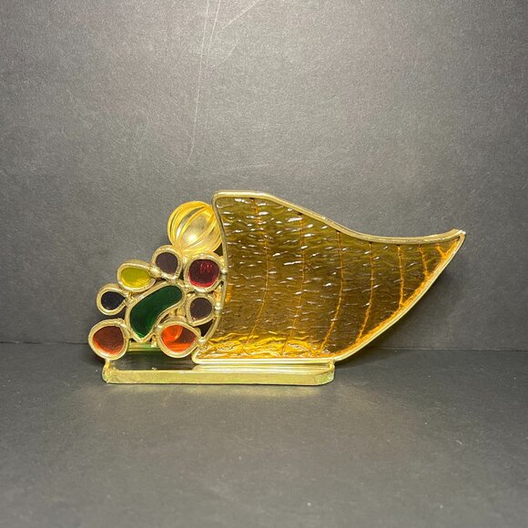 Vintage Rare Unique Gold Tone Stained Glass Free Standing Cornucopia 3.25 x 6.5" - Picture 6 of 9